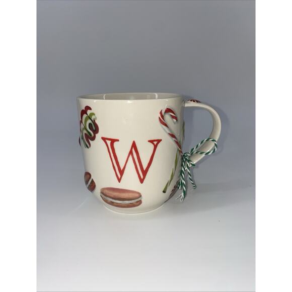 NWT Anthropologie Christmas Holifaye mug emboss candy/monogram initial W, 14.8oz - Picture 1 of 5